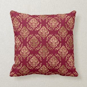 Elegant Gold Damask On Burgundy Throw Pillow