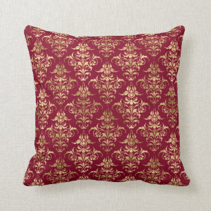 Elegant Gold Damask On Burgundy Throw Pillow