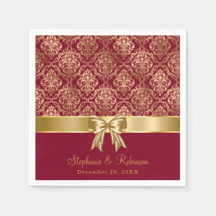 Elegant Gold Damask On Burgundy Wedding Napkin