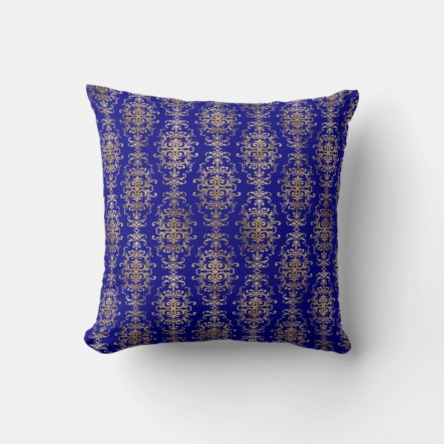 Elegant Gold Damask On Navy Blue Throw Pillow (Front)