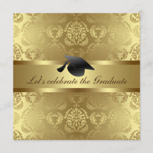 Elegant Gold Damask Pattern Black Graduation Hat Invitation