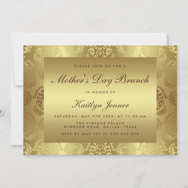 Elegant Gold Damask Pattern Mother's Day Brunch Invitation (Front)
