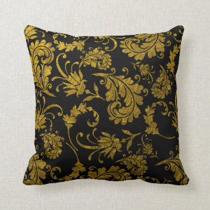 Elegant Gold Damask Pattern On Black Cushion