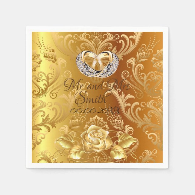 Elegant Gold Damask Personalised Wedding Paper Napkin (Front)
