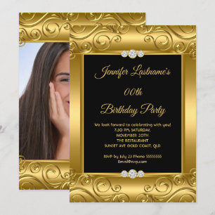 Elegant Gold Damask Photo Birthday Party Invitation
