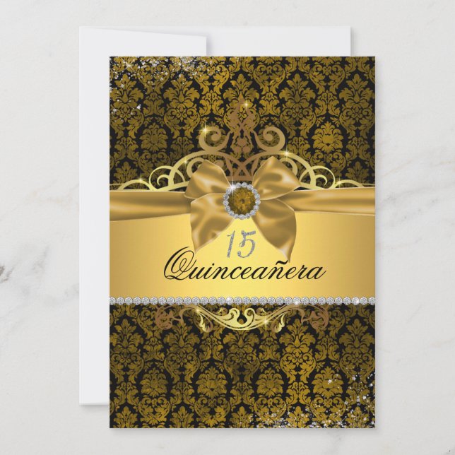 Elegant Gold Damask Quinceanera Invite (Front)