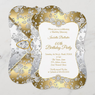 Elegant Gold Damask Silver Rose Birthday Party Invitation