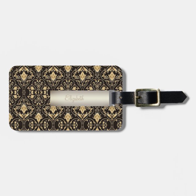 Elegant Gold Damask, Swirls - Personalised Luggage Tag (Front Horizontal)