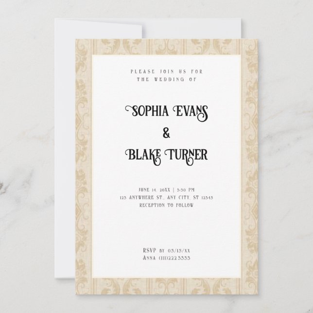 Elegant Gold Damask Traditional White Wedding Invitation (Front)