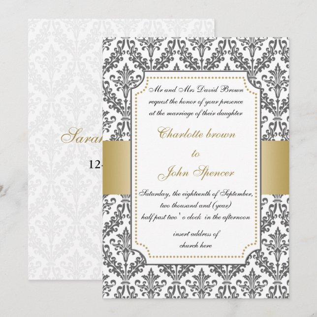 elegant gold ,damask wedding invitation (Front/Back)