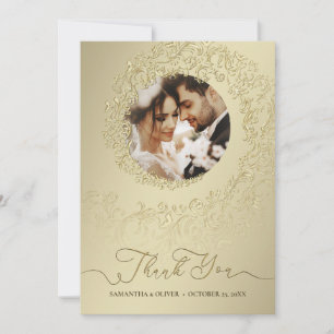 Elegant Gold Damask Wedding Thank You Photo Card
