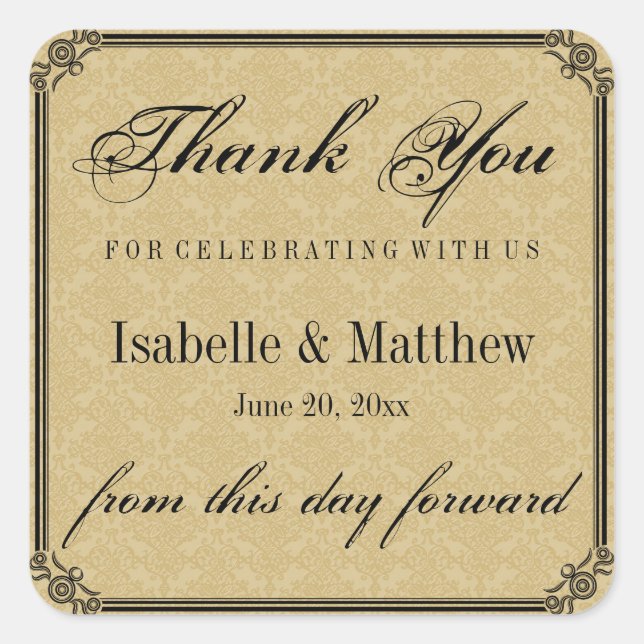 Elegant Gold Damask Wedding Thank You Stickers (Front)