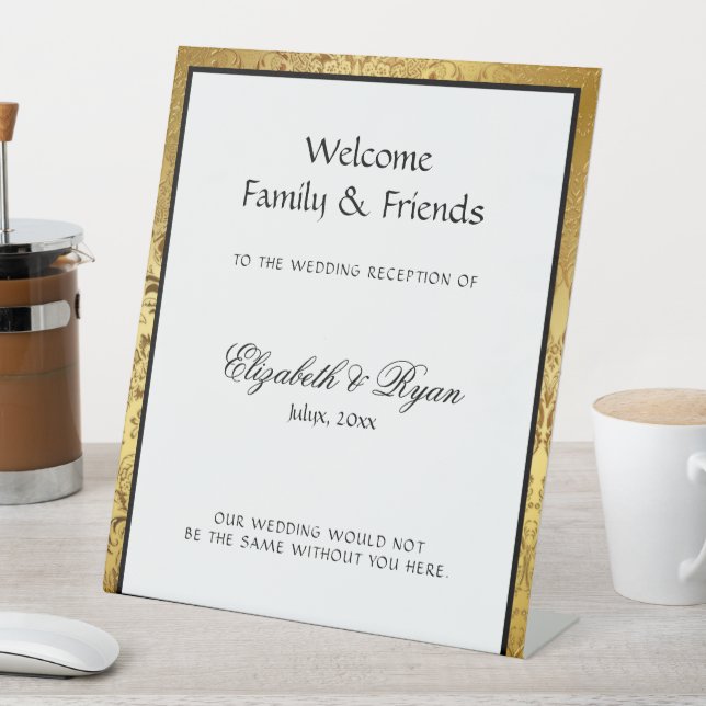 Elegant Gold Damask Wedding Welcome  Pedestal Sign (In SItu)