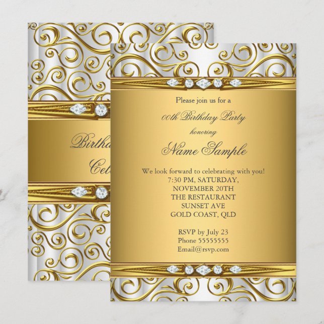 Elegant Gold Damask White Diamond Birthday Party Invitation (Front/Back)