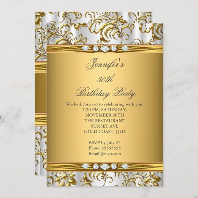 Elegant Gold Damask White Silver Diamond Birthday Invitation (Front/Back)