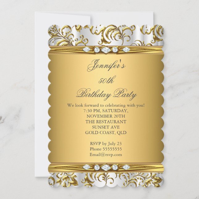 Elegant Gold Damask White Silver Diamond Birthday Invitation (Front)