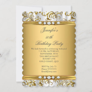 Elegant Gold Damask White Silver Diamond Birthday Invitation