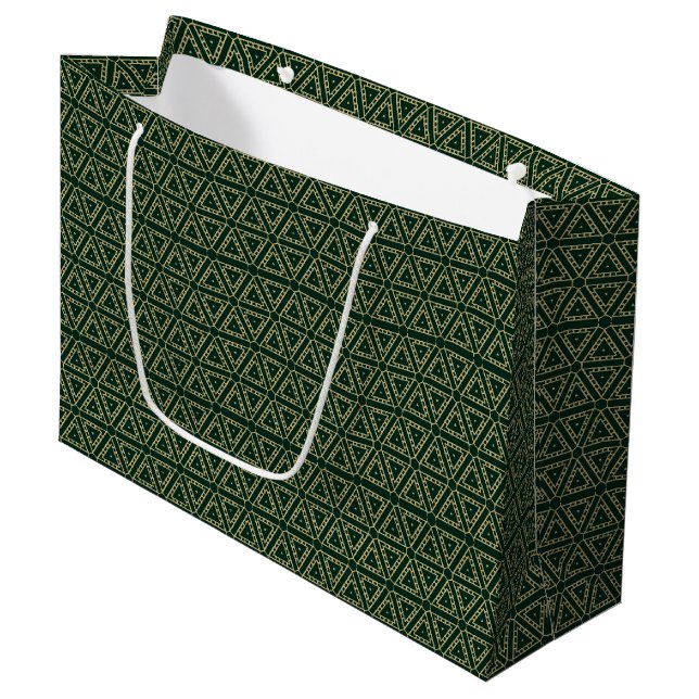 Elegant gold dark pine green geometric pattern large gift bag (Front Angled)