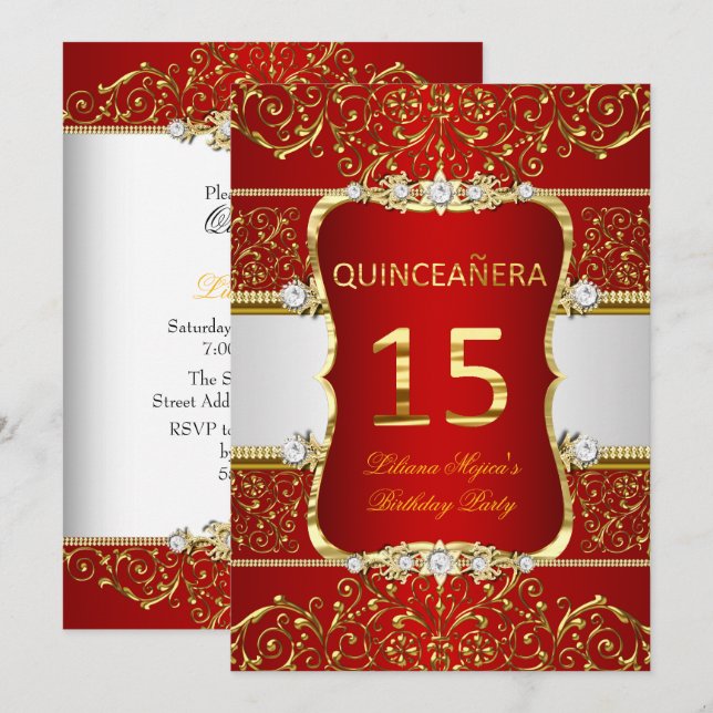 Elegant Gold Dark Red Glamour Quinceanera Invitation (Front/Back)