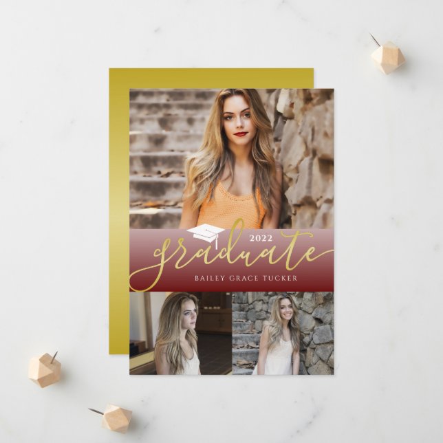 Elegant Gold Dark Red Graduate 3-photo Graduation Announcement (Front/Back In Situ)
