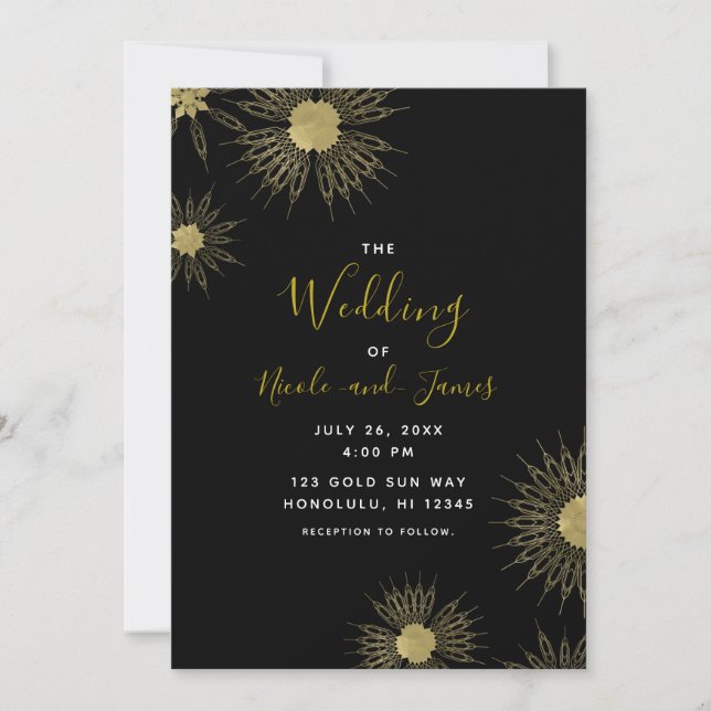 Elegant Gold Deco Mandala Floral Black Wedding Invitation (Front)