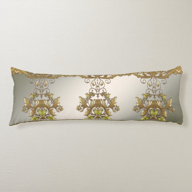 Elegant Gold Decorative Floral Body Pillow (Front)