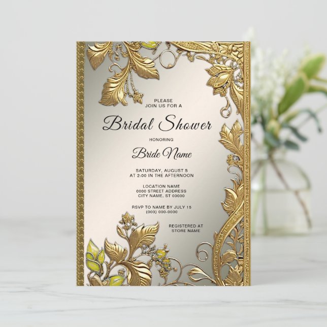 Elegant Gold Decorative Floral Bridal Shower Invitation (Standing Front)