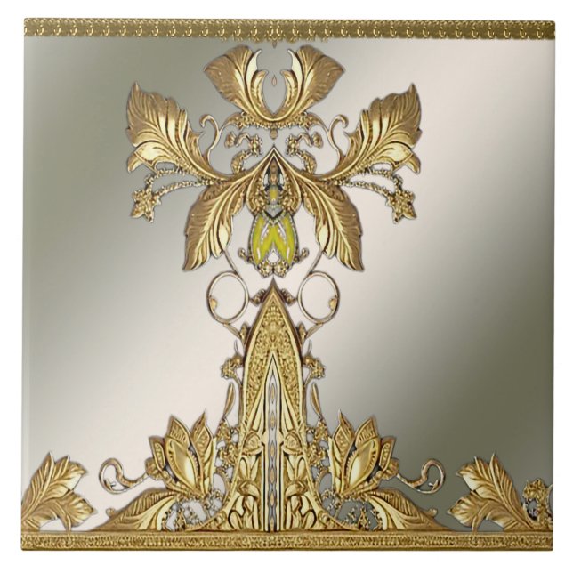 Elegant Gold Decorative Floral Ceramic Tile (Front)