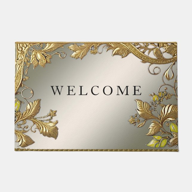 Elegant Gold Decorative Floral Doormat (Front)