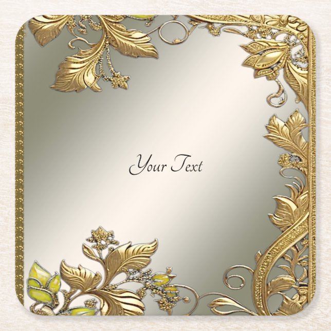 Elegant Gold Decorative Floral Paper Coaster (Front)