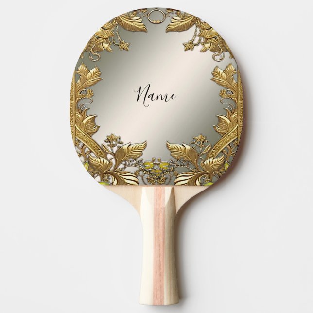 Elegant Gold Decorative Floral Ping Pong Paddle (Front)