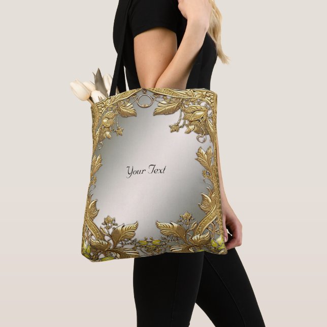 Elegant Gold Decorative Floral Tote Bag (Close Up)