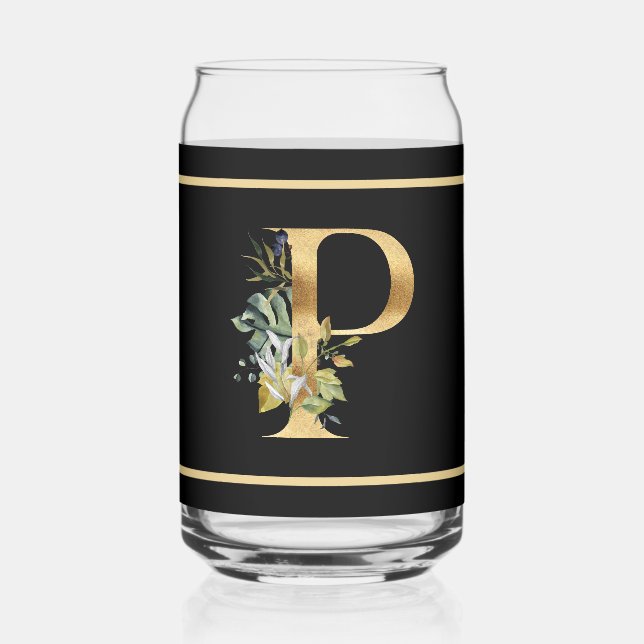 Elegant Gold Decorative Initial P with Greenery Can Glass (Front)