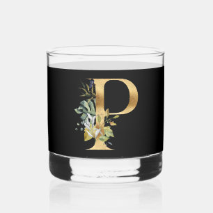 Elegant Gold Decorative Initial P with Greenery Whiskey Glass