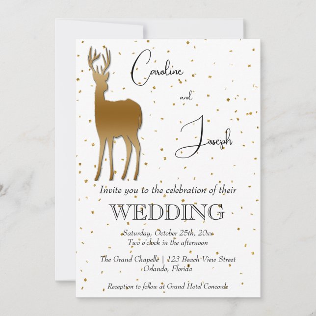 Elegant Gold Deer & Gold Confetti Wedding Invitation (Front)