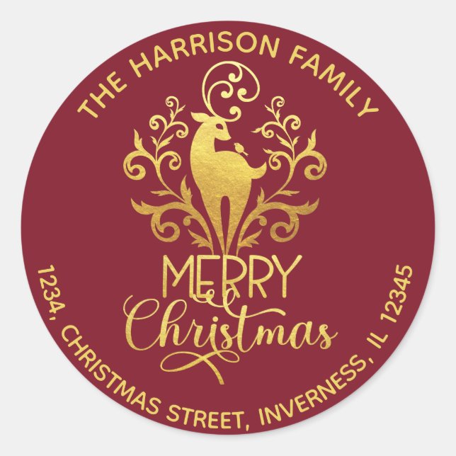Elegant Gold Deer Merry Christmas Address Red  Classic Round Sticker (Front)