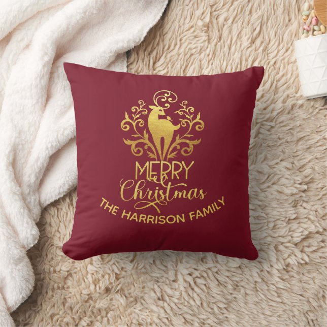 Elegant Gold Deer Merry Christmas Red  Cushion (Blanket)