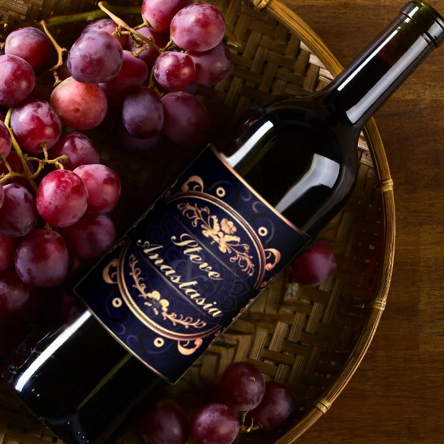 Elegant Gold Demask Monogrammed Royal Blue Wine Label (Creator Uploaded)