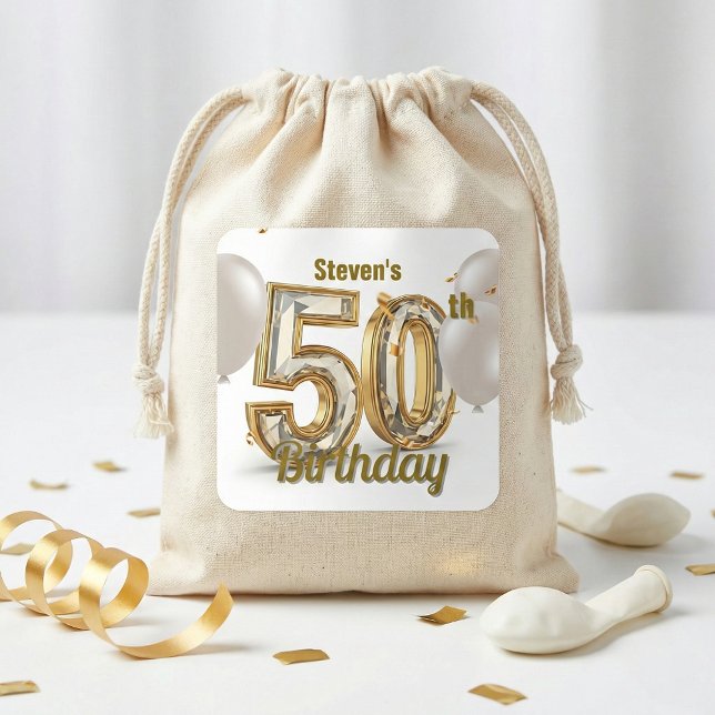 Elegant Gold Diamond 50th Birthday Party Balloons Square Sticker (Creator Uploaded)