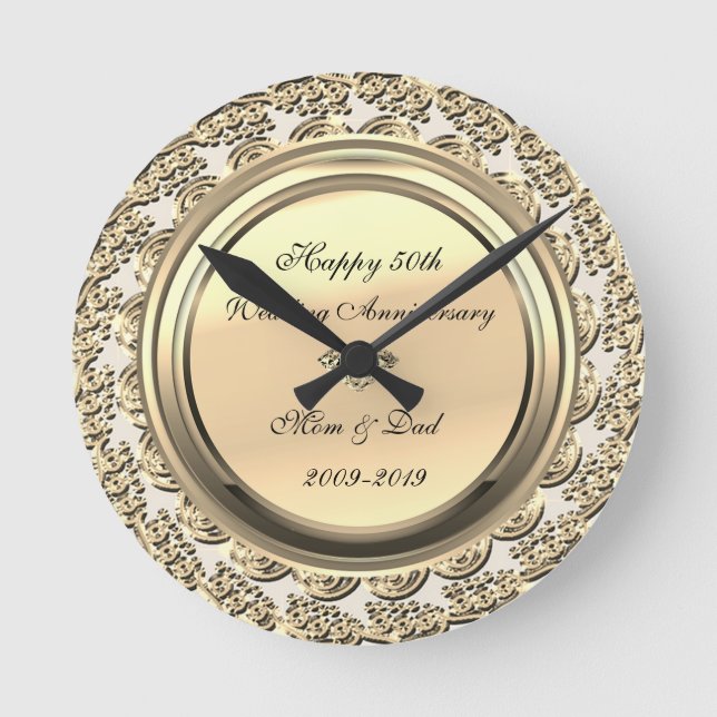 Elegant Gold  Diamond 50th Wedding Anniversary Round Clock (Front)