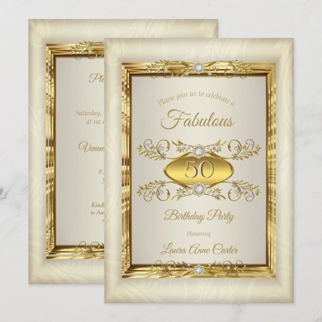 Elegant Gold Diamond Beige Cream Birthday Party Invitation (Front/Back)