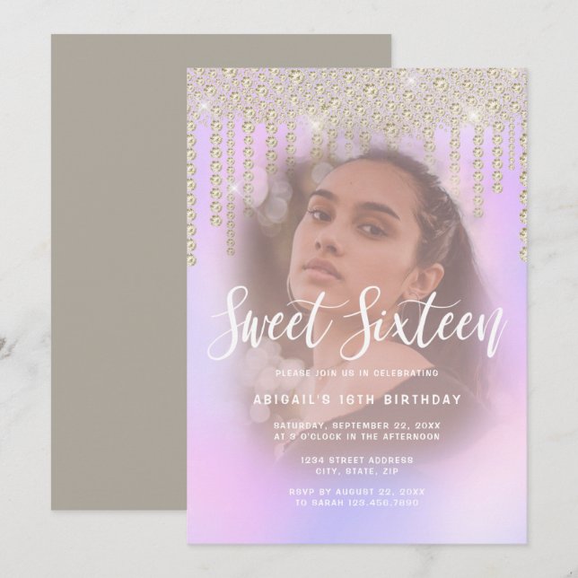 Elegant gold diamond drips purple sweet sixteen invitation (Front/Back)