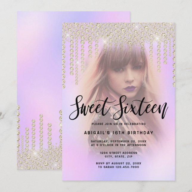 Elegant gold diamond drips purple sweet sixteen invitation (Front/Back)