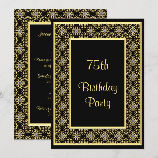Elegant Gold, Diamond Gem's 75th Birthday Invitation (Front/Back)