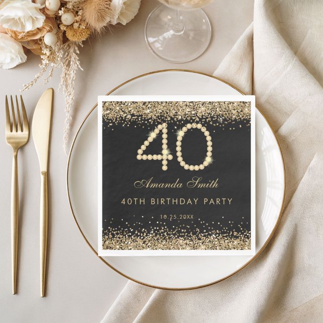 Elegant Gold Diamonds 40th Birthday Party  Napkin (Gold 40th birthday party napkin)