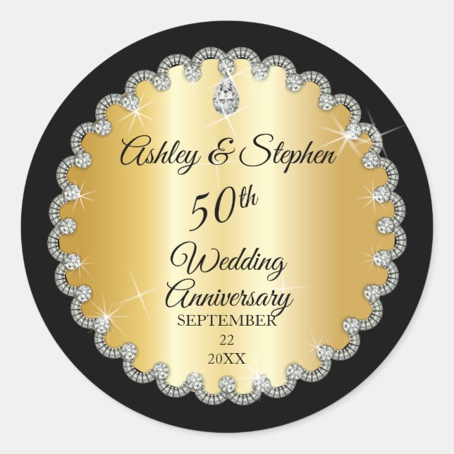 Elegant Gold Diamonds 50th Wedding Anniversary Classic Round Sticker (Front)