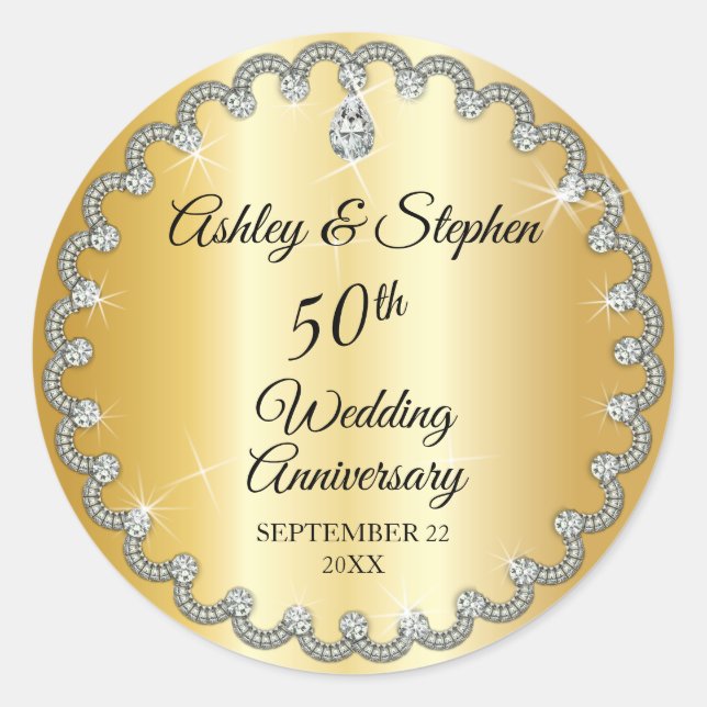 Elegant Gold Diamonds 50th Wedding Anniversary Classic Round Sticker (Front)