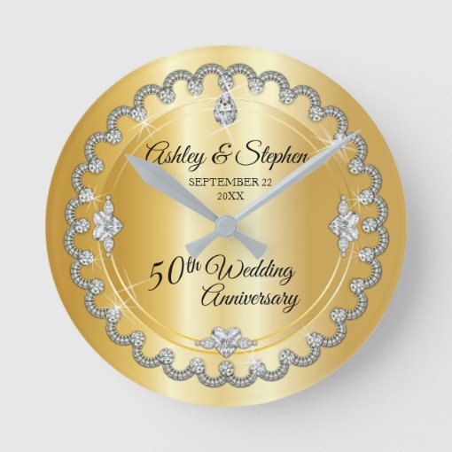 Elegant Gold Diamonds 50th Wedding Anniversary Round Clock Zazzle