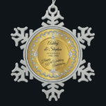 Elegant Gold Diamonds 50th Wedding Anniversary Snowflake Pewter Christmas Ornament<br><div class="desc">Opulent elegance frames this wedding anniversary design in a unique scalloped diamond design with centre teardrop diamond with faux heart-shaped diamonds and added faux sparkles on a gold-tone gradient. Please note that all embellishments are printed and are only made to appear as real as possible in a flat, printed design....</div>