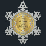 Elegant Gold Diamonds 50th Wedding Anniversary Snowflake Pewter Christmas Ornament<br><div class="desc">Opulent elegance frames this wedding anniversary design in a unique scalloped diamond design with centre teardrop diamond with faux heart-shaped diamonds and added faux sparkles on a gold-tone gradient. Please note that all embellishments are printed and are only made to appear as real as possible in a flat, printed design....</div>